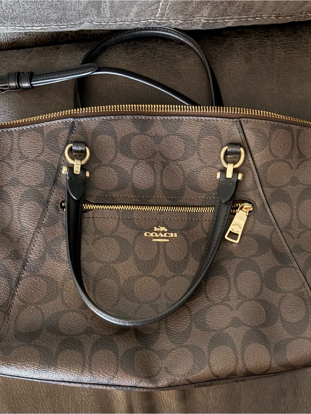 Coach Brown Signature Tote with Black Handles and Gold Hardware
